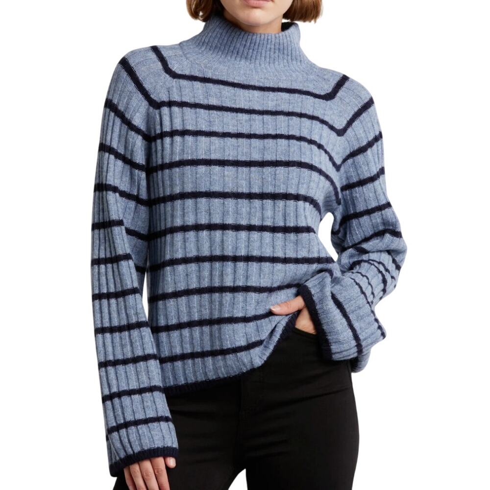 1.State Heather Blue Navy Stripe Mock Neck Wide Sleeve Sweater size XL NEW Tags